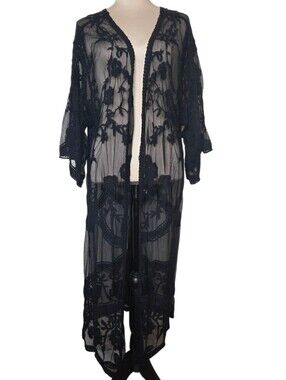 Dizzire Black Embroidered Mesh Maxi Duster XL Whimsigoth Dark Fairy Witchy